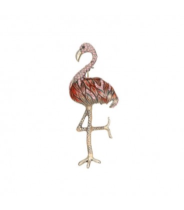 Roze broche met flamingo motief en strass steentjes