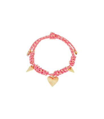 Fuchsia roze geknoopte armband met goudkleurige bedels